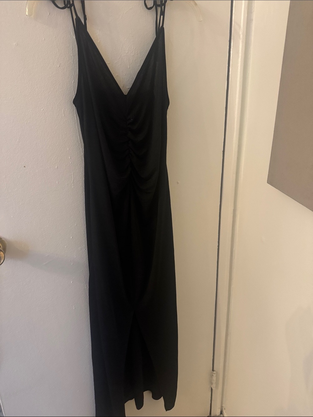 Zara Black Ruched V-Neck Maxi Dress with Thin Straps
